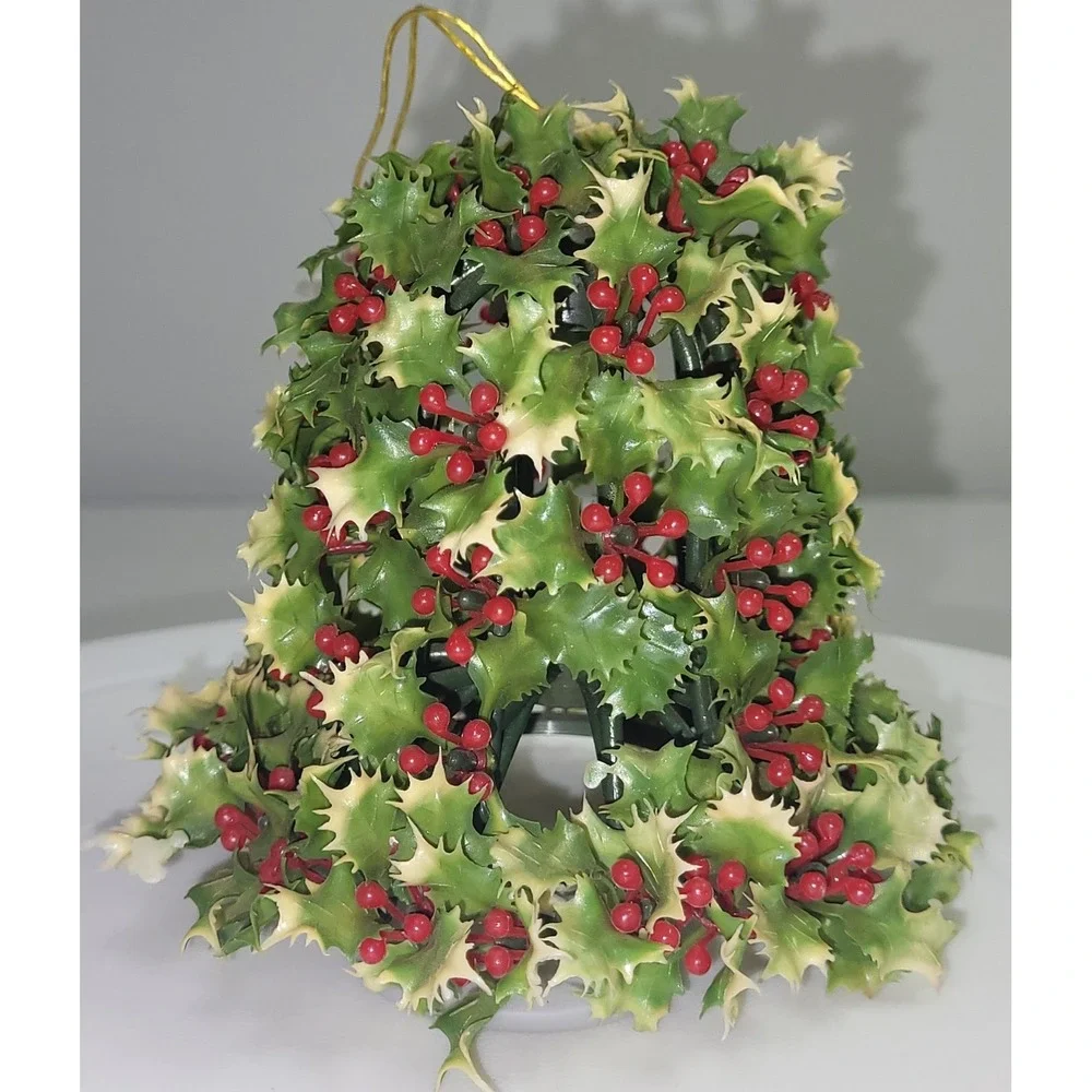 Christmas Bell Plastic Ornament Green Holly Berry Vintage Style